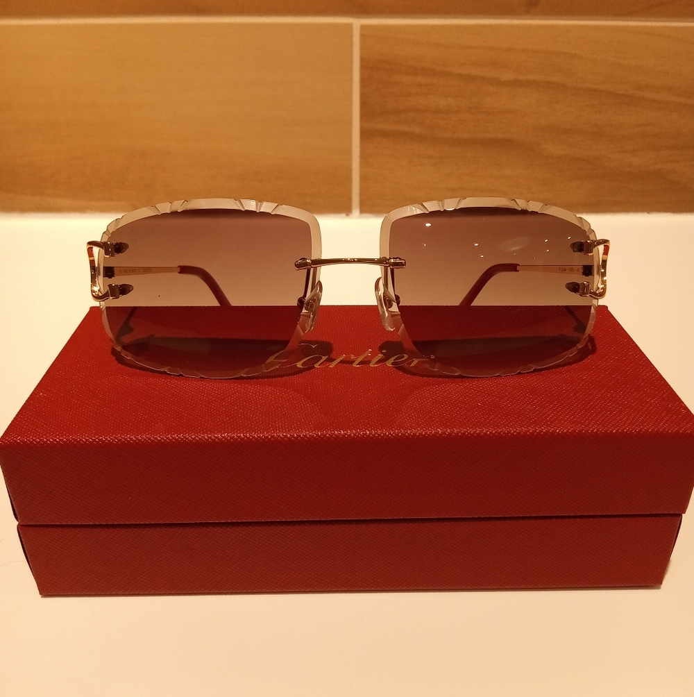 Cartier C decor Hazel Brown Coffee Tint Gold Wire Cut Lens Rimless Glasses